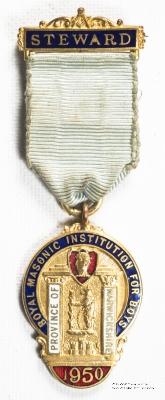 Знак RMIB 1950. STEWARD ROYAL MASONIC INSTITUTION FOR BOYS.  – Королевский Масонский институт для мальчиков.