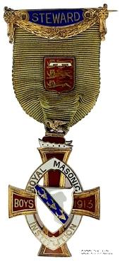 Знак RMIB 1913. STEWARD ROYAL MASONIC INSTITUTION FOR BOYS. – Королевский Масонский институт для мальчиков.