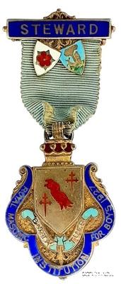 Знак RMIB 1927. STEWARD ROYAL MASONIC INSTITUTION FOR BOYS. – Королевский Масонский институт для мальчиков.